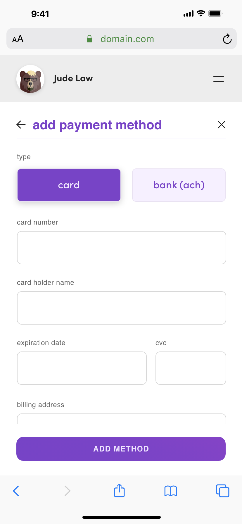 View of form to add a new payment method